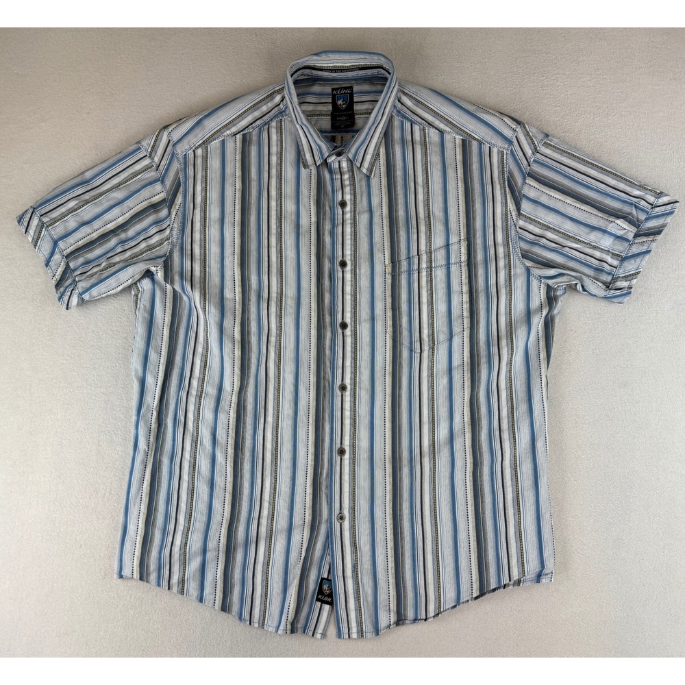 Kuhl Button Down Shirt Mens XL Blue Suncel Short Sleeve Striped Hiking Outdoor